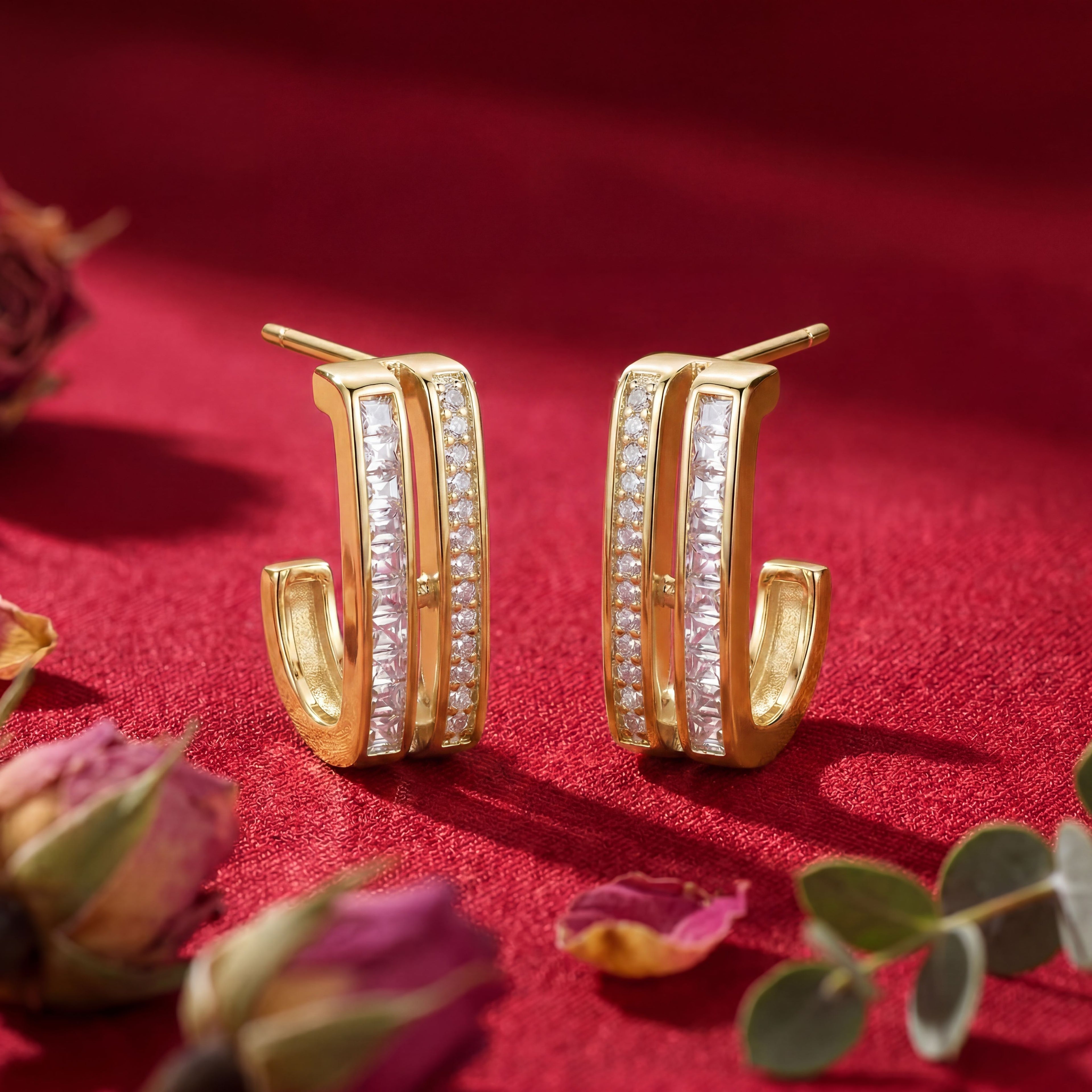 Korean Parallel Pavé J-Hoop Earrings