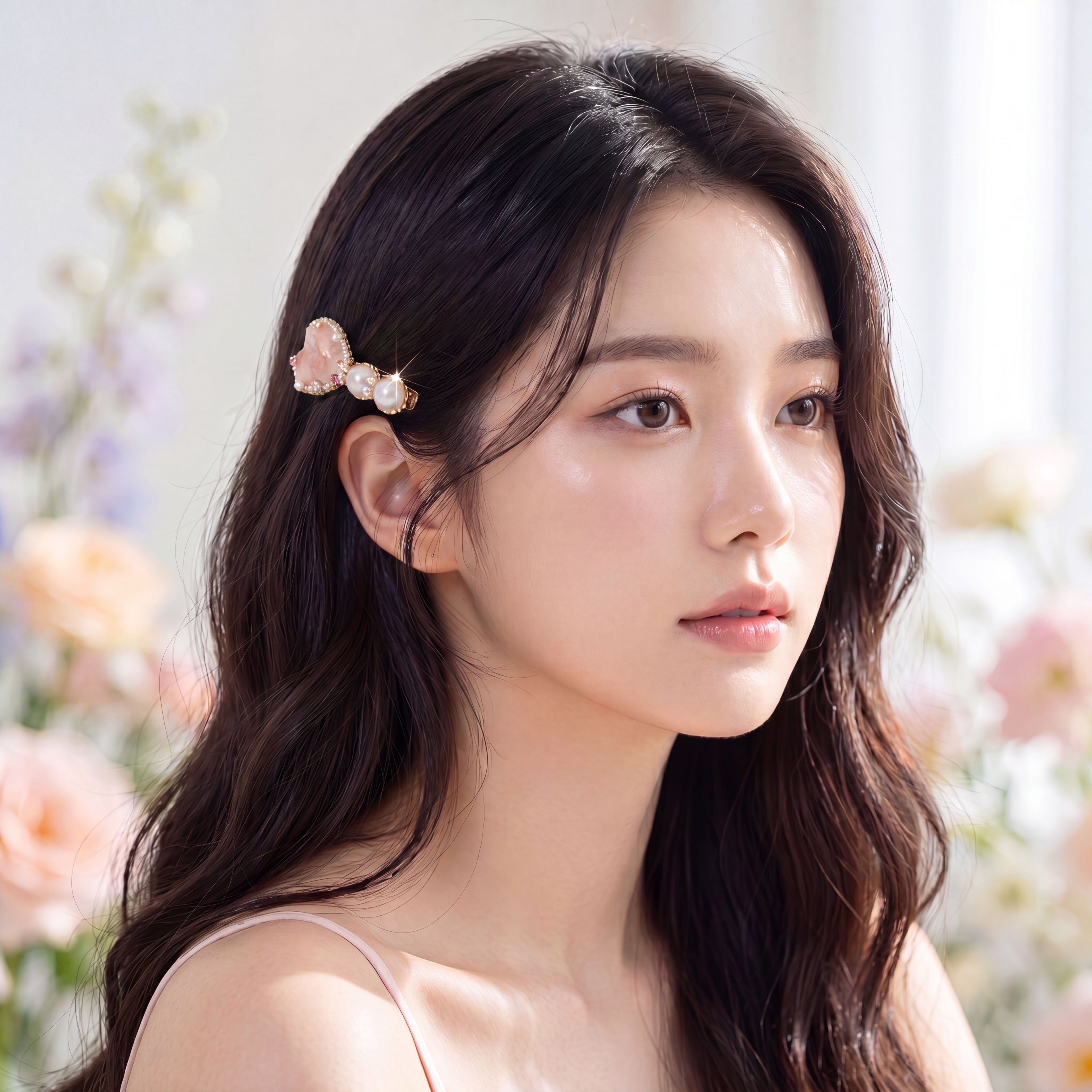Korean Pink Ribbon-Heart & Pearl Embellished Hair Clip