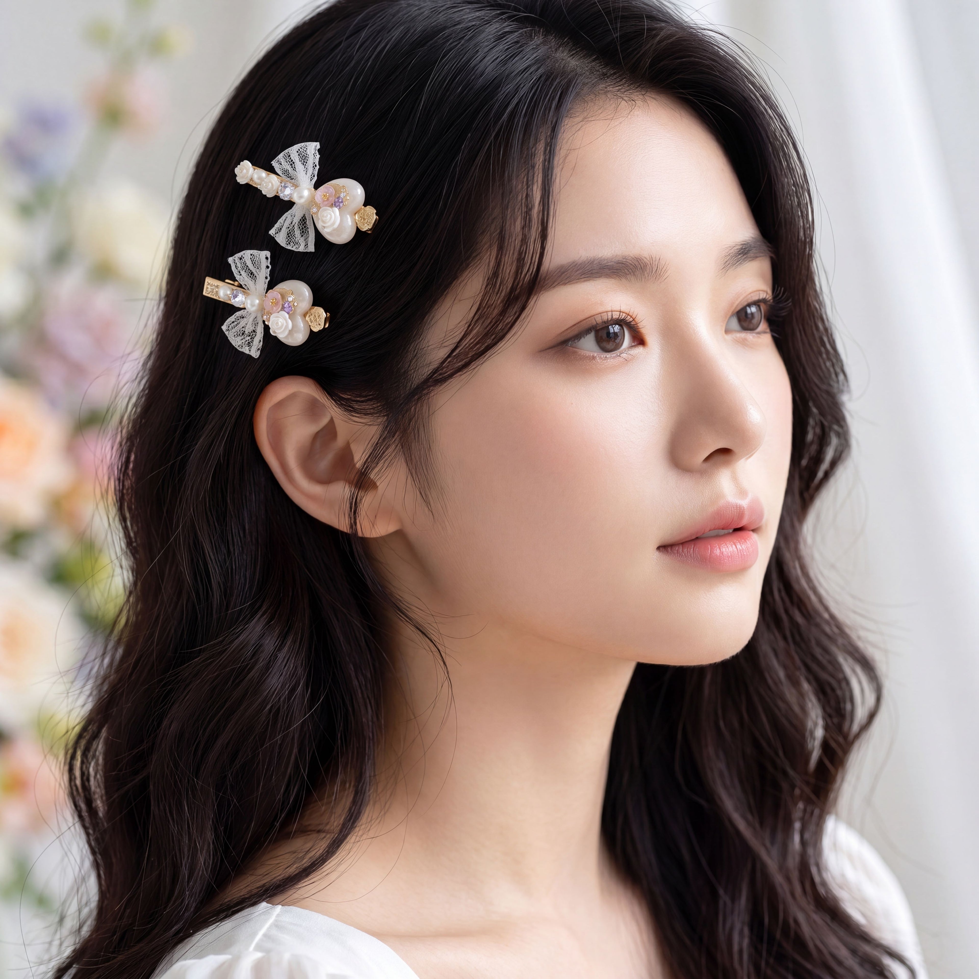 Korean Ethereal Pearl & Lace Blossom Clip Duo
