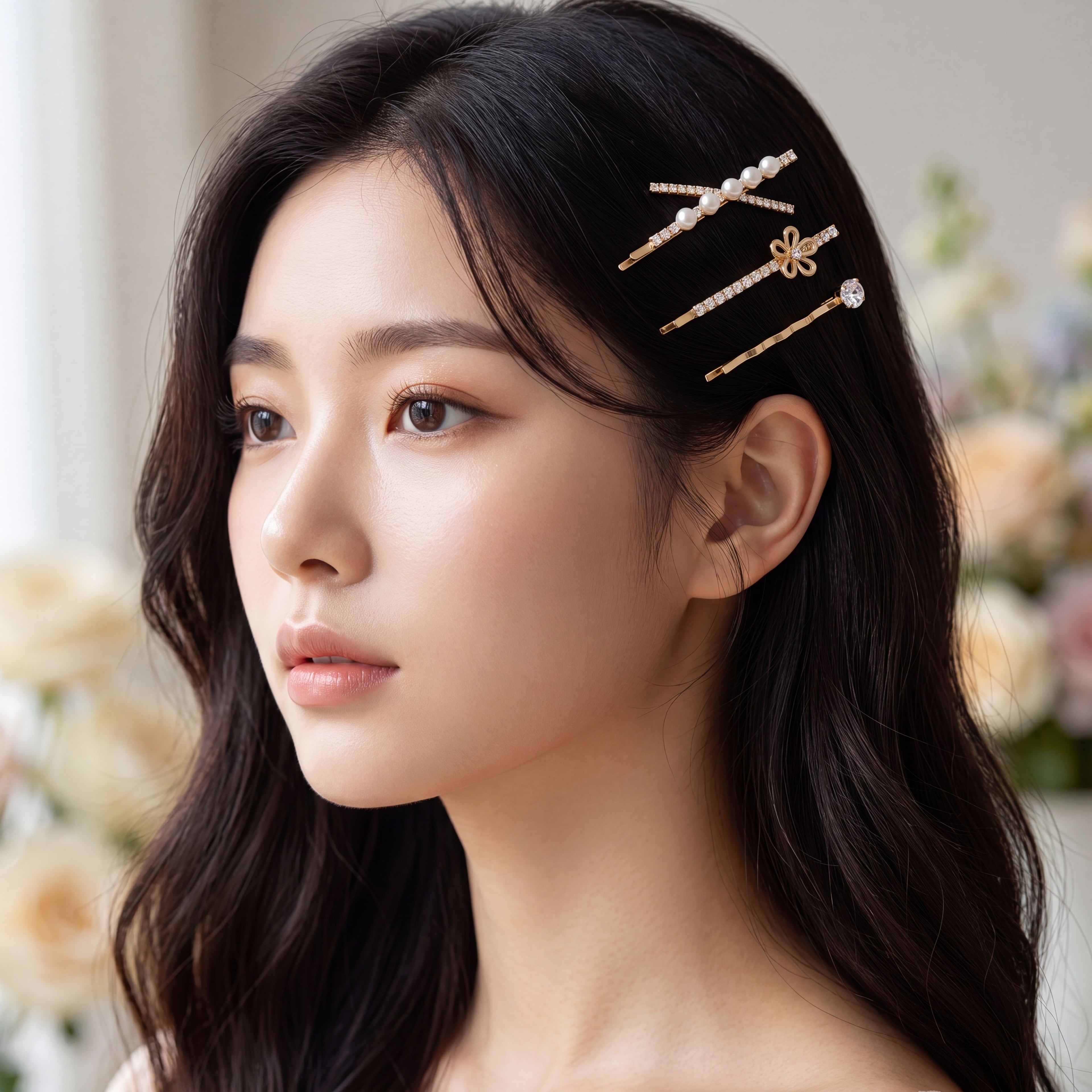 Korean Midnight Gala Crystal & Pearl 3 Piece Pin Set