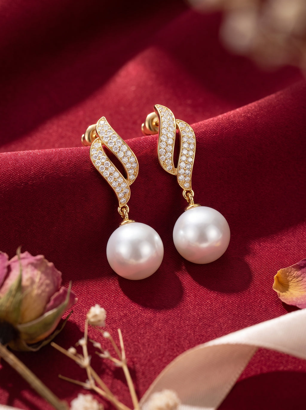 Korean Pavé Ribbon Wave Pearl Drops